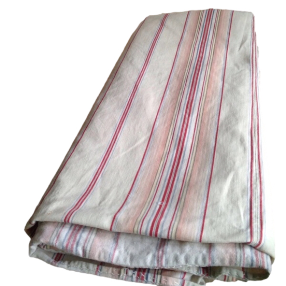 VINTAGE 1920s French Farmhouse Ticking Pink & Red Panel Antique Fabric, 72"x 83"